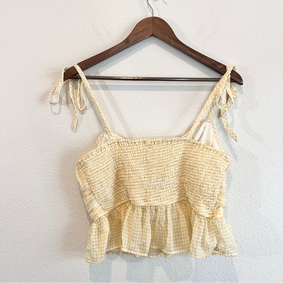 American Eagle Yellow Gingham Tie Strap Smocked Ruffle Peplum Tank Top L - Picture 8 of 10